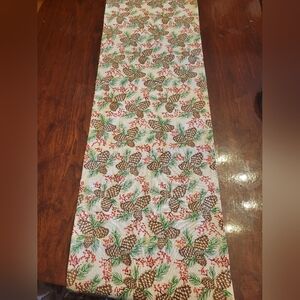 Burlap Type Material Festive Winter Pinecone Pine Berry Glitter Table Runner
